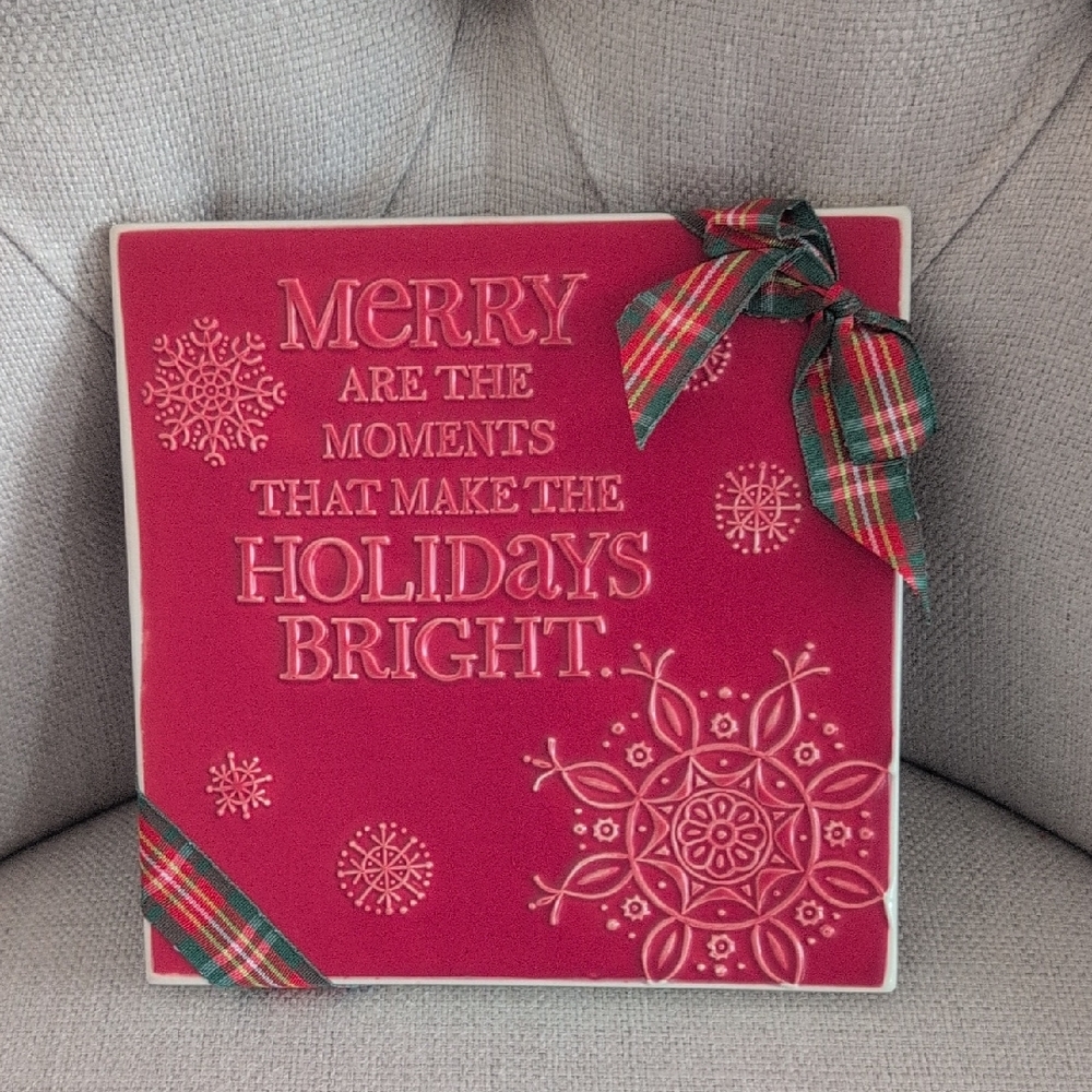 Festive Red Holiday Plaque with Ribbon